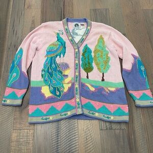 Vintage Storybook Knits Peacock Taj Mahal Sweater Cardigan Size 1X Cottage Core